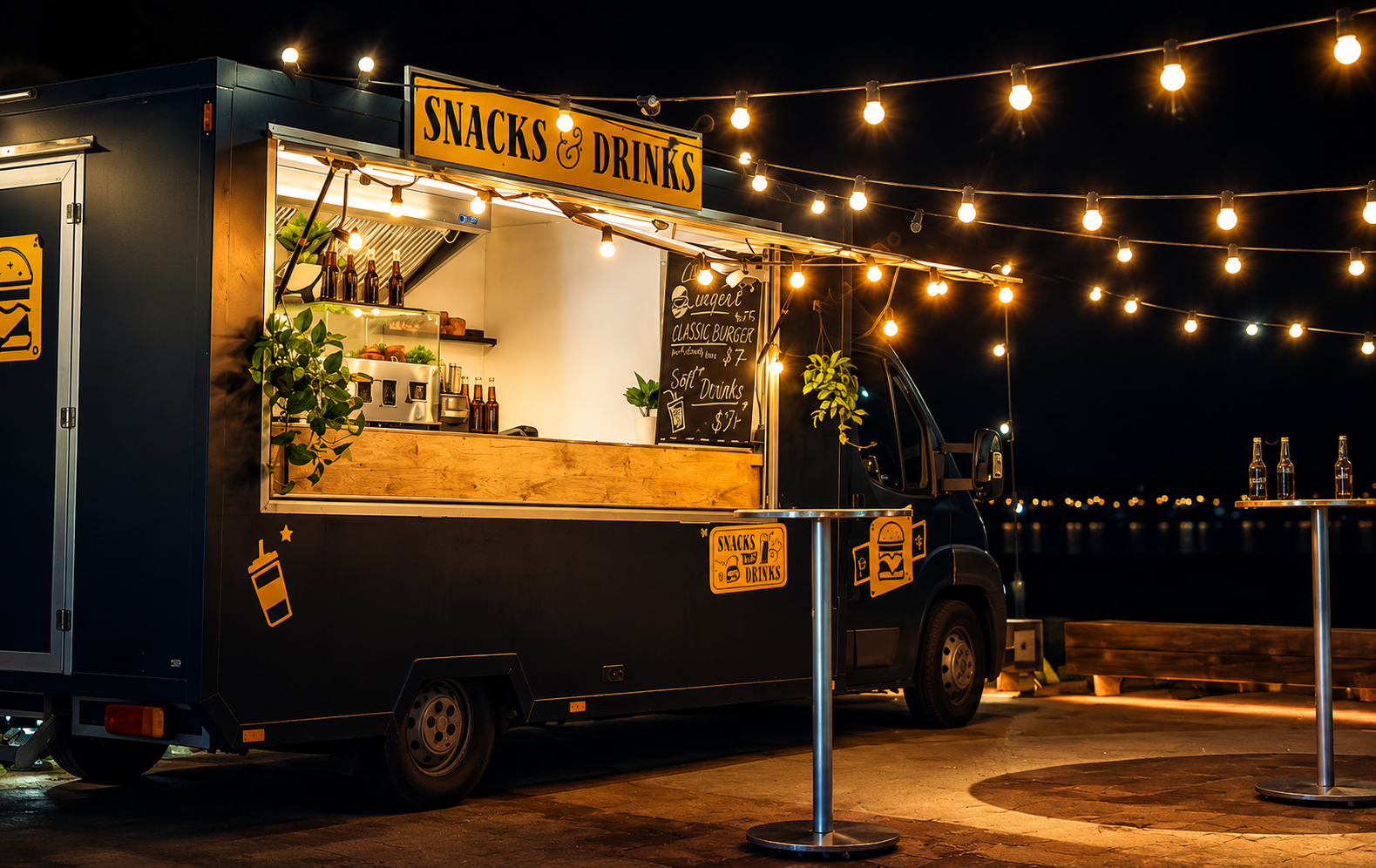 Red food truck at dusk with warm string lights
