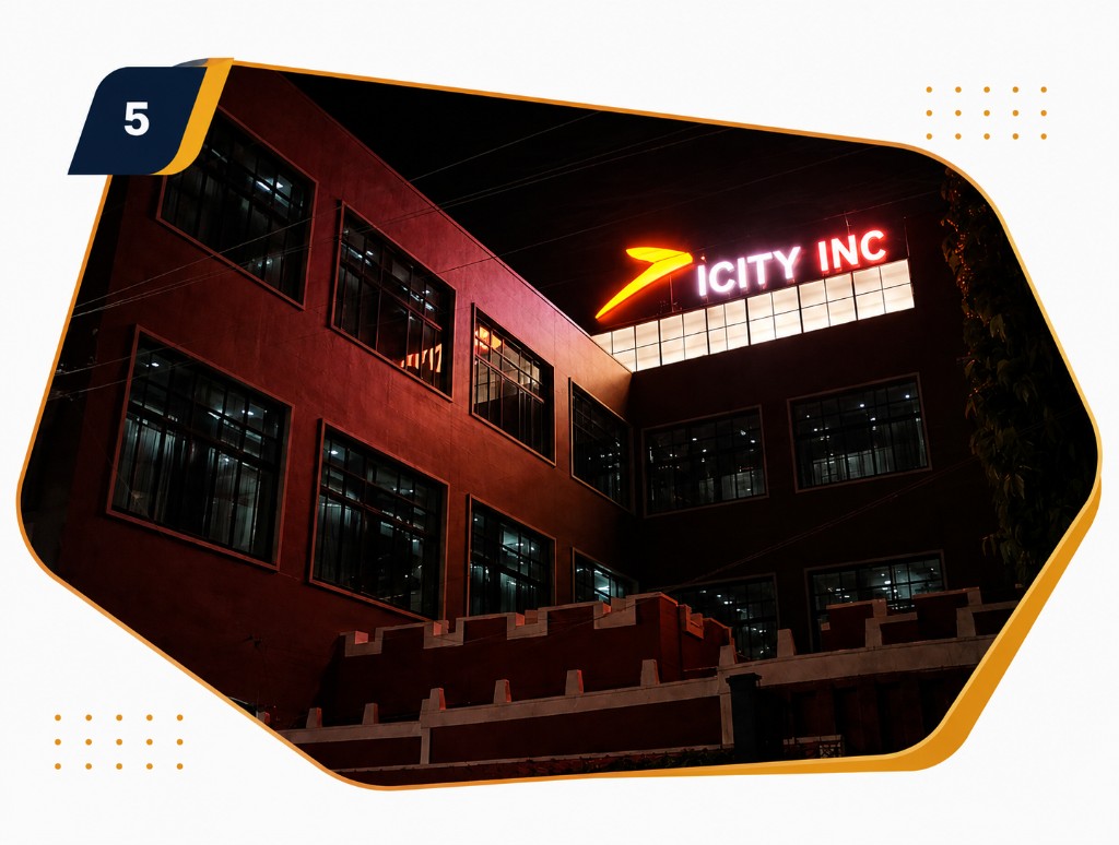 ICITY Realtors — headquarters building in branded gold frame with badge 5