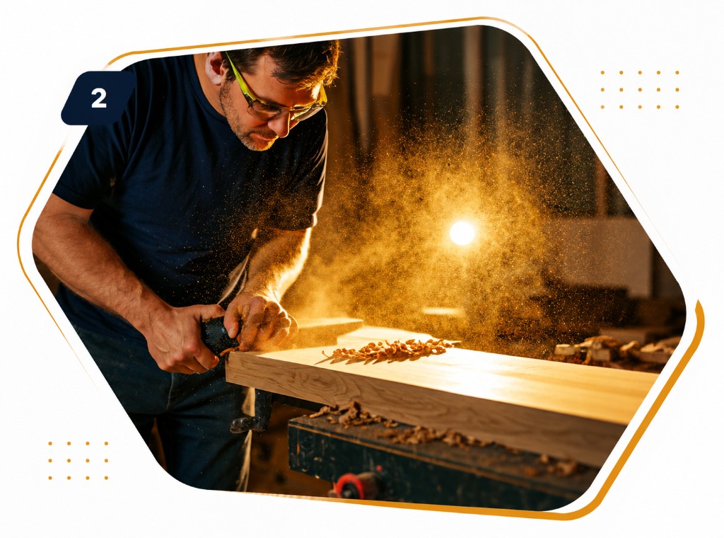 ICITY Woodworks — artisan planing timber with branded geometric frame